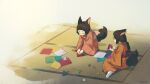  2girls animal_ears bob_cut brown_hair child closed_eyes commentary_request fox_ears fox_girl fox_tail hair_ribbon indoors japanese_clothes kimono low_ponytail multiple_girls obi origami original paper_crane ribbon sash seiza sidelocks signature sitting tabi tail tatami torla16 twitter_username yokozuwari 