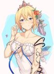  1girl bare_shoulders blonde_hair blue_eyes breasts cleavage closed_mouth collarbone commentary covered_navel crown dress europa_(granblue_fantasy) eyebrows_visible_through_hair flower genno_19pkn granblue_fantasy hair_flower hair_ornament hair_ribbon hand_in_hair highres large_breasts looking_at_viewer medium_hair ribbon simple_background smile solo upper_body white_dress 