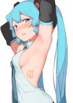  1girl abmayo aqua_hair armpits arms_up bangs blush breasts clothes_pull commentary_request covered_nipples detached_sleeves eyebrows_visible_through_hair hatsune_miku highres long_hair looking_at_viewer medium_breasts necktie no_bra open_mouth presenting_armpit shiny shiny_skin shirt sideboob simple_background small_breasts solo sweatdrop tattoo twintails upper_body very_long_hair vocaloid white_background 