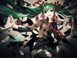  1girl :d collared_shirt floating_hair green_eyes green_hair grey_shirt hatsune_miku holding_hands interlocked_fingers long_hair long_sleeves megurine_luka necktie open_mouth out_of_frame red_necktie shirt smile solo_focus tentsuu_(tentwo) very_long_hair vocaloid wing_collar world&#039;s_end_dancehall_(vocaloid) 