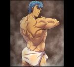  1boy ass bara bercouli_(sao) biceps blue_eyes blue_hair bulge earrings f-una facial_hair jewelry looking_at_viewer male_focus mature_male muscular muscular_male naked_towel pectorals sauna scar scar_on_face scar_on_nose see-through short_hair sidepec simple_background smile solo standing steam stubble sword_art_online sword_art_online:_alicization thick_eyebrows topless_male towel towel_around_waist 
