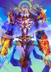  1boy absurdres armor blue_background blue_eyes cape commentary digimon digimon_(creature) digimon_adventure: digital_dissolve english_commentary extra_eyes gradient gradient_background green_background highres horns looking_at_viewer multiple_horns nateasora no_humans omegamon omegamon_alter-s purple_eyes solo spikes yellow_eyes 
