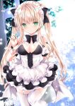  1girl apron bangs bare_shoulders black_bow black_dress blonde_hair blush bow breasts cleavage closed_mouth commentary_request detached_sleeves dress eyebrows_visible_through_hair garter_straps green_eyes green_nails hair_between_eyes hair_bow hand_up highres long_hair looking_at_viewer maid maid_headdress medium_breasts nail_polish nanase_nao original puffy_short_sleeves puffy_sleeves short_sleeves solo thighhighs twintails very_long_hair white_apron white_legwear white_sleeves wrist_cuffs 