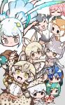  6+girls ^_^ absurdres animal_ears arms_up bird_wings black_eyes blonde_hair blue_eyes blue_hair bow bowtie brown_eyes brown_hair cat_ears chibi chicken_(kemono_friends) closed_eyes closed_mouth colored_inner_hair dog_(mixed_breed)_(kemono_friends) dress dress_shirt elbow_gloves empty_eyes extra_ears eyebrows_visible_through_hair facing_another fangs fingerless_gloves floating fur_collar furrowed_brow geoffroy&#039;s_cat_(kemono_friends) gloves green_eyes green_hair grey_eyes grey_hair hair_between_eyes hair_bow hair_ornament hand_in_pocket harness harp_seal_(kemono_friends) head_wings heterochromia highres holding holding_photo hood hood_up hoodie hoshino_mitsuki jacket japanese_otter_(kemono_friends) kemono_friends long_hair looking_at_another lying_on_person medium_hair multicolored_hair multiple_girls nana_(kemono_friends) one-piece_swimsuit open_mouth orange_eyes otter_ears outstretched_arm outstretched_arms peafowl_(kemono_friends) photo_(object) pink_hair pocket pointing_at_another ponytail red_hair resplendent_quetzal_(kemono_friends) shirt sidelocks silver_hair simple_background skirt skyfish_(kemono_friends) small-clawed_otter_(kemono_friends) smile standing striped striped_hoodie suspender_skirt suspenders swimsuit tsuchinoko_(kemono_friends) twintails white_background white_hair white_serval_(kemono_friends) wings yellow_eyes 