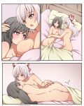  2girls ass back bad_anatomy bed black_hair blanket bow breast_sucking breasts closed_eyes fujiwara_no_mokou hand_on_another&#039;s_arm hand_on_another&#039;s_ass hand_on_another&#039;s_head highres houraisan_kaguya long_hair looking_at_another multiple_girls no_nipples nude pillow pink_hair red_eyes scene_reference smile suwaneko touching touhou trembling under_covers yuri 