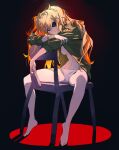  1girl absurdres bare_legs barefoot black_background blonde_hair blue_eyes breasts chair closed_mouth commentary evangelion:_3.0+1.0_thrice_upon_a_time expressionless eyepatch full_body grandia_lee green_jacket handheld_game_console highres holding jacket long_hair long_sleeves looking_at_viewer medium_breasts neon_genesis_evangelion no_bra one_eye_covered open_clothes open_jacket panties rebuild_of_evangelion simple_background sitting sitting_backwards solo souryuu_asuka_langley spread_legs underwear unzipped very_long_hair white_panties 