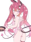  +_+ 1girl animal_ears apron ass blade_(galaxist) blush closed_mouth cowboy_shot demon_tail flat_chest from_behind frying_pan gradient_hair hair_ornament hand_up holding holding_frying_pan indie_virtual_youtuber long_hair looking_at_viewer looking_back mel_mellow multicolored_hair naked_apron orange_hair pink_apron pink_hair rabbit_ears red_eyes red_hair simple_background smile solo star_(symbol) star_hair_ornament streaked_hair tail twintails very_long_hair white_background wristband 