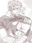  1boy animal_ears bara bare_pectorals beard blush cat_boy cat_ears chin_tickle clothes_lift disembodied_limb facial_hair fire_emblem grabbing greyscale groping hand_on_another&#039;s_chin hand_under_clothes inverted_nipples large_pectorals lifted_by_another male_focus manboobs mature_male monochrome mordecai_(fire_emblem) muscular muscular_male nonbiri_monban pectoral_focus pectoral_grab pectorals shirt_lift short_hair solo_focus translation_request upper_body 