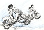 2girls commentary_request driving ground_vehicle hi_fumiyo highres koguma_(super_cub) motor_vehicle motorcycle multiple_girls partially_colored reiko_(super_cub) sketch smile super_cub traditional_media 