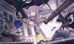  1girl arcaea bangs book bow chinese_commentary cloak closed_mouth commentary_request dress eyebrows_visible_through_hair full_moon grey_hair hair_between_eyes hair_bow highres indoors lagrange_(arcaea) long_hair moon open_book petals phonograph purple_bow purple_eyes smile solo standing telescope tsubaki_(yi) very_long_hair white_cloak yellow_dress 