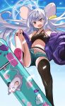  1girl absurdres animal_ears arima_(step_speed) black_legwear blue_archive breasts casual commentary_request fingernails grey_hair halo highres jacket mouse mouse_ears mouse_tail navel red_eyes saya_(blue_archive) shorts skateboard sky solo tail thighhighs 