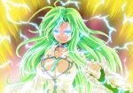  1girl ahoge aura blouse blue_choker blue_eyes breasts choker clenched_hand closed_mouth collared_blouse commentary detached_sleeves dragon_ball dragon_ball_z electricity frilled_sleeves frills frog frown glowing glowing_eyes green_hair highres kamishima_kanon kochiya_sanae large_breasts long_hair looking_at_viewer messy_hair sleeveless_blouse snake solo standing super_saiyan super_saiyan_3 touhou white_blouse white_sleeves 