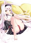  1girl :d absurdres animal_ears ass azur_lane bangs barefoot blunt_bangs breasts commentary_request cushion eyebrows_visible_through_hair from_above head_tilt highres leer.meer long_hair long_sleeves looking_at_viewer looking_up off_shoulder open_mouth panties pantyshot rabbit_ears red_panties shimakaze_(azur_lane) sideboob sidelocks simple_background sitting smile solo thick_eyebrows toes transparent_background underwear white_hair yellow_eyes 