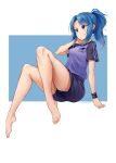  1girl absurdres alice_gear_aegis aomoro bangs bare_legs barefoot blue_hair breasts closed_mouth commentary_request dated dated_commentary eyebrows_visible_through_hair feet full_body hand_up highres legs long_hair looking_away parted_bangs ponytail purple_eyes purple_shirt purple_shorts shirt short_shorts short_sleeves shorts sidelocks signature simple_background solo takanashi_rei two-tone_background wristband 