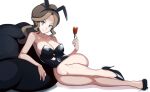  1girl alcohol animal_ears blue_eyes brown_hair commentary cup drinking_glass english_commentary full_body glass high_heels highres long_legs lying md5_mismatch playboy_bunny pokemon pokemon_(game) pokemon_bw rabbit_ears simple_background smile solo tied_hair unova_mother_(bw) vivivoovoo wine wine_glass 