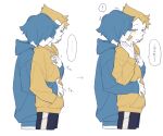  ! ... 2girls bad_id bad_twitter_id blonde_hair blue_hair blue_hoodie blue_pearl_(steven_universe) blush dayama from_side frown hair_over_eyes hood hoodie hug hug_from_behind long_sleeves looking_at_another multiple_girls open_mouth pointy_nose short_hair spoken_ellipsis spoken_exclamation_mark steven_universe sweat translated white_background yellow_eyes yellow_hoodie yellow_pearl_(steven_universe) yuri 