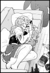  1girl alcohol bangs blush border bottle closed_eyes commentary_request couch cushion drooling drunk eyebrows_visible_through_hair frilled_skirt frills fujinoki_(horonabe-ken) greyscale hair_between_eyes holding holding_bottle kantai_collection long_hair long_sleeves lying monochrome on_side open_mouth pantyhose plant pola_(kancolle) potted_plant saliva skirt sleeping solo whiskey 