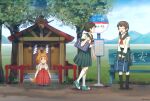  3girls animal_ears bag bangs bench blunt_bangs brown_eyes brown_hair bus_stop child commentary_request field fox_ears fox_girl fox_tail frown grass hair_ornament hairclip hakama hakama_skirt hands_on_own_face happy head_rest japanese_clothes kneehighs light_brown_hair long_hair looking_at_another low_twintails mary_janes miko mountainous_horizon multiple_girls open_mouth original outdoors pleated_skirt rope rural school_bag school_uniform serafuku shide shimenawa shoes short_hair shrine sign signature sitting skirt smile sneakers tabi tail torla16 tree twintails twitter_username walking zouri 