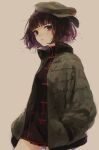  1girl absurdres black_eyes black_jacket chinese_clothes closed_mouth cowboy_shot facial_mark green_headwear green_jacket grey_background hat highres jacket long_sleeves looking_at_viewer medium_hair original purple_hair simple_background solo standing tentsuu_(tentwo) 