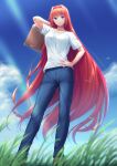  1girl aozaki_aoko arm_up bangs blue_eyes blue_pants blue_sky breasts cloud day denim hair_between_eyes hair_intakes hand_on_hip holding holding_suitcase jeans long_hair looking_at_viewer medium_breasts melty_blood miyai_sen open_mouth outdoors pants pocket red_hair shirt short_sleeves sidelocks sky smile solo suitcase sunlight t-shirt tsukihime very_long_hair white_shirt wind 