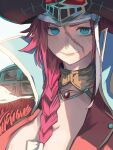  1girl braid breasts choker cleavage closed_mouth fate/extra fate/grand_order fate_(series) francis_drake_(fate) gem green_eyes hat high_collar large_breasts pink_hair pirate pirate_hat sawarakajin scar scar_on_face single_braid smile 