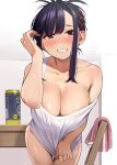  1girl adjusting_hair alcohol back_hair bangs bare_shoulders beer_can blush bottomless breasts brown_eyes can chair cleavage collarbone covering covering_crotch cowboy_shot elder_cousin_(igarashi_kyouhei) grin hair_ornament hairclip highres igarashi_kyouhei large_breasts leaning_forward looking_at_viewer off_shoulder original purple_hair shirt shirt_tug shorts shorts_removed smile solo standing strap_slip table white_shirt 