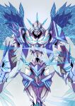  1boy absurdres angel_wings armor blue_eyes commentary digimon digimon_(creature) digimon_adventure digimon_adventure_tri. english_commentary grey_background highres horns looking_at_viewer multiple_horns nateasora no_humans omegamon omegamon_merciful_mode solo spikes wings 