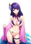  1girl :3 bare_shoulders bikini breasts cleavage clothes_pull ett flower genshin_impact hair_flower hair_ornament large_breasts long_hair looking_at_viewer mole mole_under_eye multi-strapped_bikini navel off_shoulder pink_eyes purple_hair purple_skirt pussy pussy_peek raiden_shogun sailor_bikini sailor_collar simple_background skindentation skirt skirt_pull smile solo standing stomach string_bikini swimsuit thigh_strap thighs wading water wet white_background white_bikini 