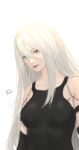  1girl android bangs black_bodysuit blue_eyes bodysuit breasts character_name closed_mouth commentary grey_hair hair_between_eyes large_breasts long_hair looking_at_viewer nier_(series) nier_automata simple_background siun solo tears upper_body white_background yorha_type_a_no._2 