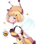  1girl absurdres antennae bee bee_costume blonde_hair blue_eyes blush brown_dress bug chibi chibi_inset deerstalker dress elbow_gloves eyebrows_visible_through_hair flower fur_collar gloves hat highres hololive hololive_english insect_wings looking_at_viewer maru_ccy medium_hair puffy_sleeves striped striped_dress virtual_youtuber watson_amelia white_sleeves wings yellow_dress yellow_flower 