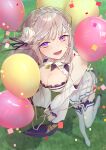  1girl absurdres balloon bare_shoulders breasts cleavage confetti dress emilia_(re:zero) flower frills from_above gem grass hair_flower hair_ornament highres long_hair looking_at_viewer open_mouth purple_eyes re:zero_kara_hajimeru_isekai_seikatsu ribbon rose silver_hair smile solo thighhighs white_dress white_flower white_rose yuzouni 