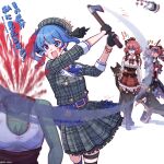  021_shiro 7_days_to_die absurdres ahoge axe belt beret biting_arm blood blood_on_face blood_on_weapon blue_hair censored decapitation doberman dress hat highres holding holding_axe hololive hololive_indonesia hoshimachi_suisei kureiji_ollie multiple_girls pink_hair plaid plaid_dress red_hair sakura_miko side_ponytail thighhighs turn_pale virtual_youtuber weapon zombie 