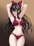  1girl :s armpits arms_behind_head arms_up black_hair bow bra breasts floral_print frilled_bow frills gradient gradient_background hair_bow hair_ribbon hair_tubes hakurei_reimu kaeranu_kaeru lace-trimmed_panties lace_trim large_breasts long_hair navel orange_background panties red_bow red_bra red_eyes red_panties ribbon sidelocks touhou underwear underwear_only yellow_bow yellow_ribbon 