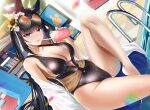  &gt;_&lt; 1girl absurdres asuo azur_lane backless_swimsuit black_hair black_swimsuit blue_eyes breasts center_opening cleavage cup disposable_cup drinking eyewear_on_head flower green-tinted_eyewear hair_flower hair_ornament highres indoors kii_(azur_lane) kii_(poolside_persuasion)_(azur_lane) large_breasts long_hair looking_at_viewer manjuu_(azur_lane) official_alternate_costume one-piece_swimsuit palm_leaf pool pool_ladder poolside sitting solo sunflower_hair_ornament sunglasses swimsuit tinted_eyewear very_long_hair wet white_flower white_shawl 