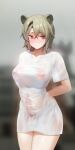  1girl absinthe_(arknights) absurdres alternate_costume animal_ears arknights arms_behind_back bangs bear_ears black_hairband blurry blurry_background blush breasts brown_hair bulge closed_mouth collarbone covered_nipples covered_testicles cowboy_shot depth_of_field erection erection_under_clothes futanari hair_between_eyes hairband highres large_breasts looking_at_viewer mo_ne nipple_piercing no_pants pajamas_challenge piercing red_eyes see-through shirt short_hair short_sleeves solo testicles wet wet_clothes wet_shirt white_shirt 