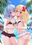  2girls :d ass bangs bare_shoulders bat_wings bikini blonde_hair blue_hair blurry blurry_foreground blush bow breasts cheek-to-cheek chromatic_aberration closed_mouth cloud commentary_request cowboy_shot crystal day depth_of_field eyebrows_visible_through_hair fang flandre_scarlet hair_between_eyes hair_bow heads_together incest interlocked_fingers long_hair looking_at_viewer mountainous_horizon multiple_girls navel no_hat no_headwear one_side_up open_mouth outdoors pointy_ears red_bow red_eyes remilia_scarlet siblings sisters skin_fang sky small_breasts smile sunlight swimsuit tosakaoil touhou wings yuri 