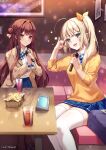  2girls :d :t bag bangs blonde_hair blue_bow blue_bowtie blue_skirt blush bow bowtie brown_hair closed_mouth commentary_request couch cover cover_image cover_page cup drink drinking_glass eyebrows_visible_through_hair food french_fries green_eyes hair_bun hair_ribbon highres holding holding_microphone karaoke long_hair long_sleeves looking_at_viewer microphone miniskirt mole mole_under_eye multiple_girls novel_cover official_art on_couch open_mouth picture_(object) pink_eyes pleated_skirt pout reflection ribbon rosuuri school_bag side_bun side_ponytail skirt smile star_(symbol) straight_hair sweater table takane_no_hana_no_ima_kano_wa_zettai_moto_kano_ni_maketakunda_youdesu textless thighhighs v-shaped_eyebrows very_long_hair white_legwear yellow_ribbon yellow_sweater zettai_ryouiki 