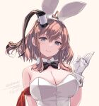  1girl alternate_costume animal_ears armband black_bow black_bowtie bow bowtie breasts brown_hair cleavage dated detached_collar eyebrows_visible_through_hair fake_animal_ears gloves grey_eyes hair_between_eyes hair_ornament highres kantai_collection large_breasts looking_at_viewer playboy_bunny ponytail rabbit_ears red_armband rokuwata_tomoe saratoga_(kancolle) side_ponytail sidelocks simple_background smile smokestack twitter_username upper_body white_gloves wrist_cuffs yellow_background 