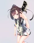  1girl absurdres akizuki_(kancolle) bangs black_eyes black_hair black_sailor_collar breasts closed_mouth clothes_writing electric_guitar gibson_sg grey_background guitar hachimaki headband highres holding holding_instrument instrument kantai_collection kneehighs long_hair looking_at_viewer medium_breasts miniskirt nagisa_nagi pleated_skirt plectrum ponytail sailor_collar short_sleeves simple_background skirt solo white_legwear white_skirt yellow_neckwear 