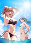  2girls ;d absurdres amausa_subee arm_up bikini black_bikini black_hair blue_eyes blue_sky breasts brown_hair cloud cowboy_shot day halterneck hands_up highres long_hair looking_at_viewer medium_breasts multiple_girls navel one_eye_closed open_mouth outdoors ponytail red_eyes round_teeth shading_eyes side-tie_bikini side_bun sky small_breasts smile string_bikini sunlight swimsuit teeth upper_teeth wading water water_drop white_bikini yahari_ore_no_seishun_lovecome_wa_machigatteiru. yuigahama_yui yukinoshita_yukino 