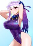  1girl armpits arms_behind_head arms_up bangs bare_shoulders blue_hair blue_swimsuit blush breasts covered_navel earrings fate/grand_order fate_(series) flower hair_flower hair_ornament hair_ribbon highleg highleg_swimsuit hiromon jewelry kama_(fate) kama_(swimsuit_avenger)_(fate) large_breasts long_hair looking_at_viewer lotus multicolored_hair one-piece_swimsuit ponytail red_eyes ribbon silver_hair smile solo star_(symbol) star_earrings swimsuit thighs two-tone_hair 