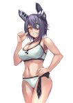 1girl bangs bare_arms bare_shoulders bra breasts cleavage cowboy_shot eyepatch fumikiri grin hair_between_eyes hand_up headgear kantai_collection large_breasts looking_at_viewer medium_hair navel one_eye_covered panties pointing pointing_at_self purple_hair simple_background smile solo tenryuu_(kancolle) toned underwear white_background white_bra white_panties yellow_eyes 