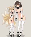  2girls :o absurdres animal_ears ankle_cuffs arknights black_bra black_collar black_footwear black_legwear black_neckwear black_panties blonde_hair blush bra braid breasts brown_hair chinese_commentary collar commentary_request detached_sleeves earrings embarrassed fox_ears fox_girl fox_tail full_body green_eyes grey_background hand_up height_difference highres holding_hands jewelry kitsune kyuubi looking_at_viewer magallan_(arknights) maid_headdress medium_breasts multicolored_hair multiple_girls multiple_tails navel panties shadow shoes short_hair sigm@ simple_background sketch small_breasts standing stomach streaked_hair suzuran_(arknights) tail thighhighs underwear white_hair white_headdress white_legwear white_sleeves yellow_eyes 