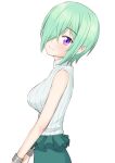  1girl breasts closed_mouth cowboy_shot druj_(jahy) easy_(aqk7bdqt) eyebrows_visible_through_hair frills from_side green_hair green_skirt grey_sweater hair_over_one_eye jahy-sama_wa_kujikenai! looking_at_viewer medium_breasts pointy_ears purple_eyes ribbed_sweater short_hair simple_background skirt sleeveless sleeveless_sweater solo sweater tight tsurime turtleneck turtleneck_sweater white_background wristband 