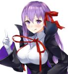  1girl :q bb_(fate) bb_(fate/extra) black_coat black_skirt blush closed_mouth coat fate/extra fate_(series) fumikiri gloves hair_ribbon high-waist_skirt index_finger_raised long_hair long_sleeves looking_at_viewer neck_ribbon open_clothes open_coat purple_eyes purple_hair red_ribbon ribbon shirt simple_background skirt smile solo tongue tongue_out upper_body white_background white_gloves white_shirt wide_sleeves 