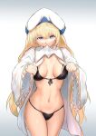  1girl absurdres bikini black_bikini blonde_hair breasts breasts_apart buttofuchan clothes_lift goblin_slayer! highres long_hair looking_at_viewer medium_breasts mouth_hold multicolored_clothes multicolored_headwear navel priestess priestess_(goblin_slayer!) robe shiny shiny_hair simple_background solo standing string_bikini swimsuit white_background 