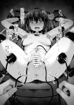 1girl anus areolae bangs bar_censor bdsm blush breasts censored collar greyscale hair_between_eyes hair_ornament hairclip hands_up hetero highres hitoi looking_at_viewer lying medium_breasts medium_hair monochrome natsume_konoha nipple_piercing nipples nude on_back open_mouth original piercing pussy restrained sidelocks solo_focus speech_bubble spread_legs sweat translation_request 