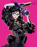  1girl bayonetta bayonetta_(series) bayonetta_3 black_hair braid clothing_cutout datcravat earrings eyeshadow glasses gloves highres jewelry lipstick long_hair looking_at_viewer makeup mole mole_under_mouth multicolored_hair red_hair ribbon simple_background smile solo streaked_hair twin_braids weapon 