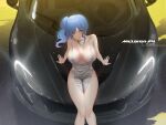  1girl absurdres azur_lane backless_dress backless_outfit bangs bare_shoulders blue_hair breasts character_name cleavage dress earrings evening_gown from_above grey_dress ground_vehicle hair_between_eyes hair_ornament hairclip halter_dress halterneck highres jewelry large_breasts long_hair mclaren mclaren_p1 motor_vehicle necklace official_alternate_costume pink_eyes plunging_neckline product_placement revealing_clothes short_dress side_ponytail sidelocks silver_dress sitting solo st._louis_(azur_lane) st._louis_(luxurious_wheels)_(azur_lane) thighs vitotraps 