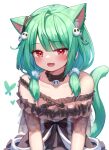  1girl :3 :d animal_ears bangs bare_shoulders black_choker black_dress blush bug butterfly cat_ears cat_girl cat_tail choker collarbone commentary_request deaver dress ear_piercing extra_ears eyebrows_visible_through_hair frilled_dress frills green_hair hair_bobbles hair_ornament hair_over_shoulder highres hololive long_hair looking_at_viewer low_twintails off-shoulder_dress off_shoulder open_mouth piercing red_eyes see-through simple_background skull_hair_ornament smile solo tail twintails upper_body uruha_rushia virtual_youtuber white_background 